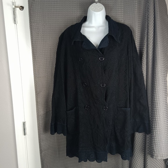 Johnny Was Eyelet Duster Jacket Black XL Double Breasted Collar Pockets - Picture 3 of 16